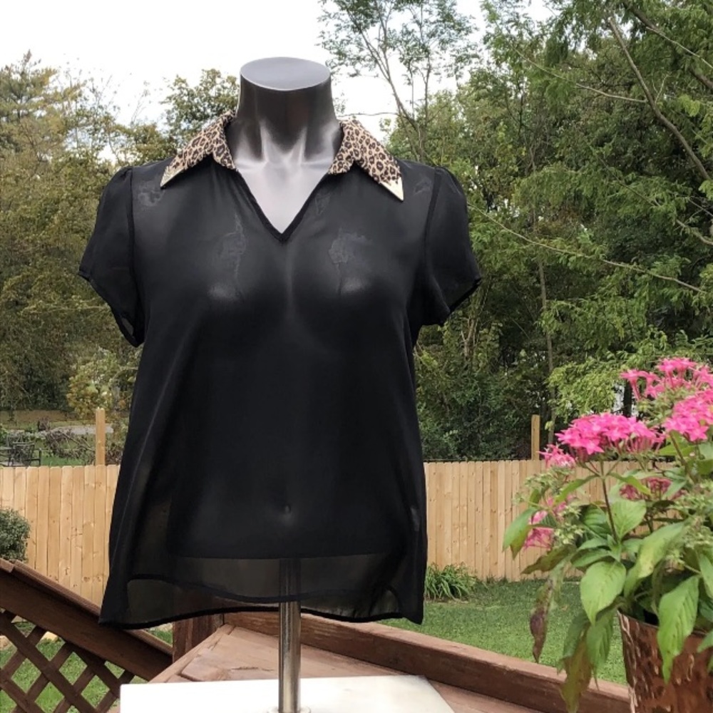 Paper Crane Juniors M Medium Sheer Top Black Leopard Collar Metal Corners